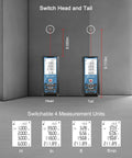 Pro Grade 500Ft Laser Measure Tool With One Sixteenth Inch Accuracy, IP54 Distance Meter For Area And Volume, Feet To Inches Units, Angle Sensor For DIY Home Indoor Projects, Long Battery Life, Blue shown with head-tail switch and unit modes