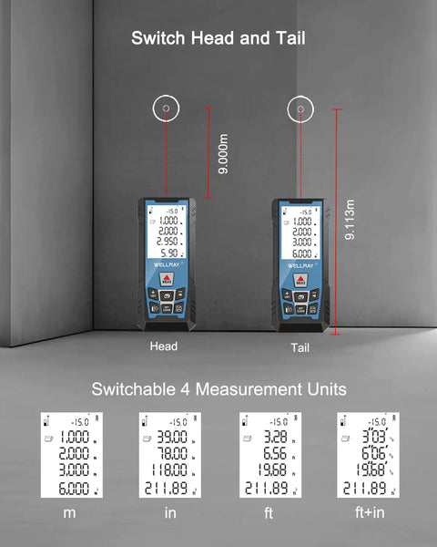 Pro Grade 500Ft Laser Measure Tool With One Sixteenth Inch Accuracy, IP54 Distance Meter For Area And Volume, Feet To Inches Units, Angle Sensor For DIY Home Indoor Projects, Long Battery Life, Blue shown with head-tail switch and unit modes