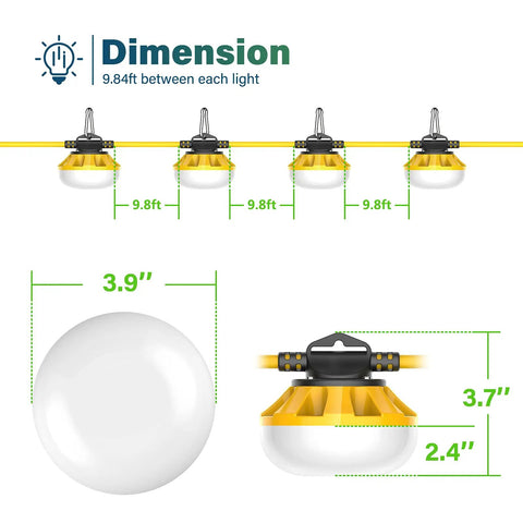 Construction Lights String 50Ft Temporary Work Light With 5 Integrated LED Bulbs dimensions and spacing diagram