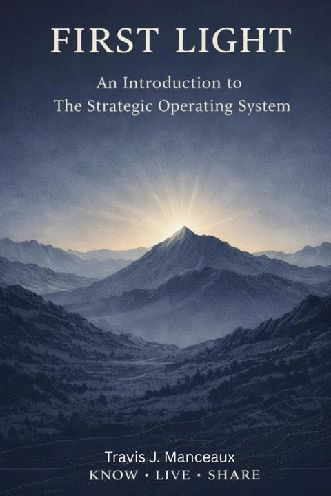 Front view of book cover: FIRST LIGHT: An Introduction to The Strategic Operating System, blue mountain sunrise, Amazon.