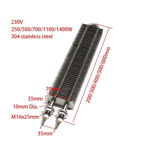 1400W Electric Finned Tubular Heater 230V Hot Air Square Fin M16 Stainless Steel Thread 600mm heating element close-up view.
