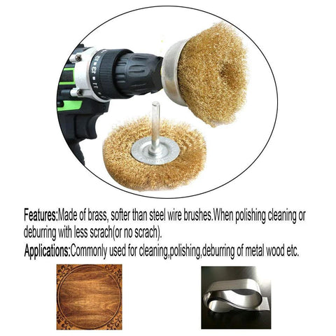 Front view of FPPO 5-piece brass wire wheel brush kit for drill with 1/4-in shank and 0.13mm brass wires