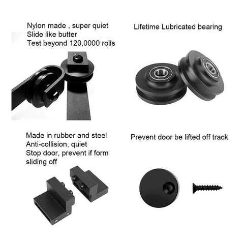 8.2Ft Bypass Sliding Barn Door Hardware Kit For Double Doors With Low Ceiling And Overlapping Tracks In Black Carbon Steel components including rollers, bearings, and anti-jump disk.