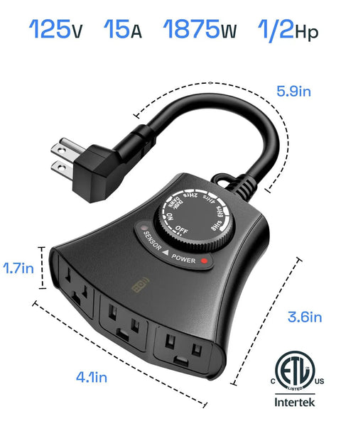 Weatherproof Remote Control Outlet With Dusk Till Dawn Photocell Timer And Three Grounded Plugs For Patio Lights, 15A, 1875W, 5.9in cable.