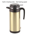 Ride Easy With This Badass 12V Car Electric Kettle Stainless Steel Frame Holding 1000Ml Quick Boil Action Keeps Hot Drinks Flowing Smooth On Long Road Trips, gold stainless steel kettle with black handle.