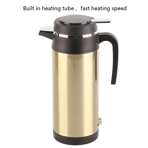 Ride Easy With This Badass 12V Car Electric Kettle Stainless Steel Frame Holding 1000Ml Quick Boil Action Keeps Hot Drinks Flowing Smooth On Long Road Trips, gold stainless steel kettle with black handle.
