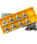 Top Grade 10 Piece Indexable Carbide Lathe Tool Set Featuring TNMG160404R-2G Metal Ceramic Triangle Blades in yellow box.