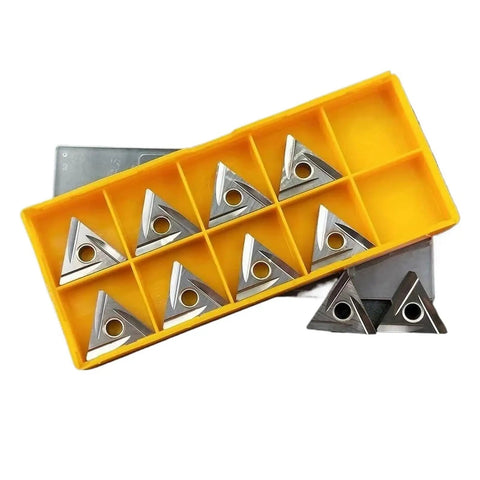 Top Grade 10 Piece Indexable Carbide Lathe Tool Set Featuring TNMG160404R-2G Metal Ceramic Triangle Blades in yellow box.