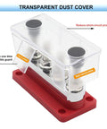 Heavy Duty 600 Amp Copper Bus Bar Power Distribution Block Featuring Nickel Plated 3/8 Terminals Protective Snap Cover with transparent dust cover.
