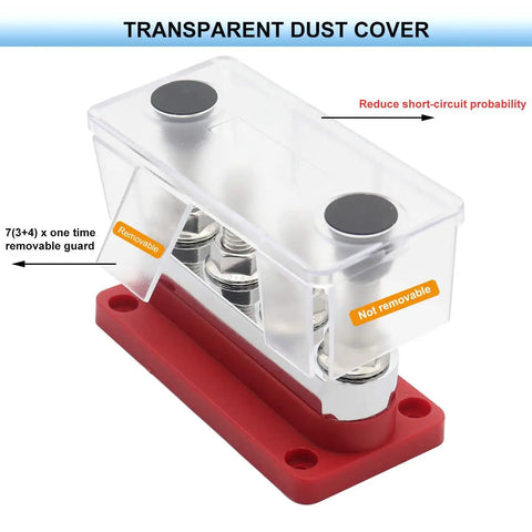 Heavy Duty 600 Amp Copper Bus Bar Power Distribution Block Featuring Nickel Plated 3/8 Terminals Protective Snap Cover with transparent dust cover.