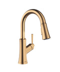 hansgrohe Joleena Pull Down Kitchen Faucet, Transitional, Magnetic Hand Sprayer, 1-Handle, 1.75 GPM, Brushed Bronze, 04112140, side view.