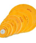 Top Tier Cotton Polishing Wheels Ten Piece Bundle Assorted Sizes Smaller Arbor Holes Compatible With Grinders Jewelry Wood Metal For Killer Slick Mirror Shine, yellow cotton wheels stacked, varying sizes.