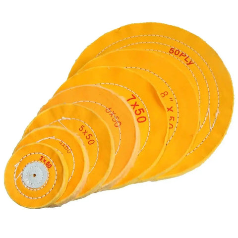 Top Shelf Cotton Polishing Wheels For Angle Grinders Badass Fiberglass Backed Cloth Buffing Pads 3 to 8 Inch sizes displayed in stacked arrangement.