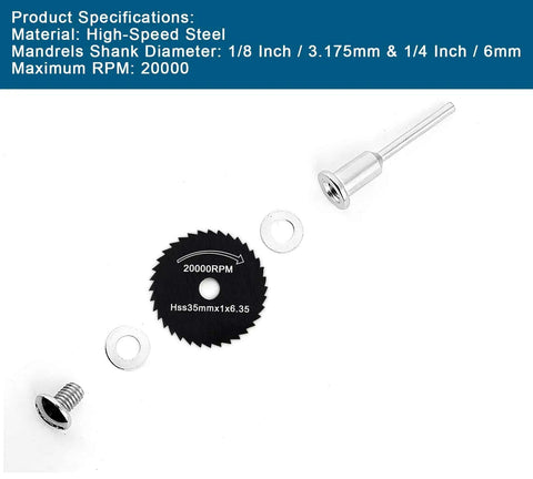 Image of 7 Piece HSS Circular Saw Blades Set with one eighth and one quarter inch mandrels for mini rotary tools on a white background.