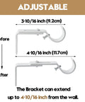 Adjustable Heavy Duty Adjustable Curtain Rod Brackets 2 Pack White Iron Wall Bracket extending between 3-10/16 to 4-10/16 inches.