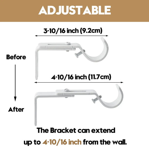 Adjustable Heavy Duty Adjustable Curtain Rod Brackets 2 Pack White Iron Wall Bracket extending between 3-10/16 to 4-10/16 inches.