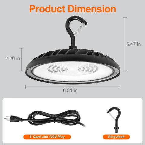 UFO LED High Bay Light 100W For Warehouses And Workshops, 11,000 Lumens, 5000K Daylight, 120V Plug And Play Shop Light With 6 Ft Cord, UL Listed