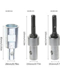 Durable Steel Water Drill Adapter For Earth Auger Bits Arbor Connector, three sizes shown with dimensions
