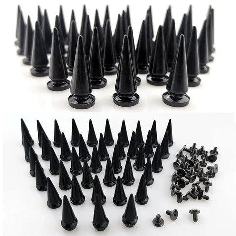 40 Pair Kickass Black Cone Spikes Punk Rivets Hardware Kit With Matching Screws And Heavy Duty Metal Bullet Studs displayed.