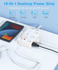 Heavy Duty Surge Protector Power Strip With Six Separated AC Outlets And Dual USB C Plus Dual USB A Ports Five Foot Extension Cord placed on a desk.