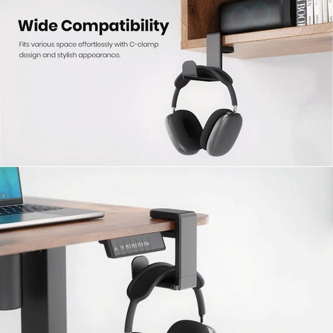 Rotating Headphone Stand For PC Gaming Headsets, Under Desk Clamp-On Holder With 360 Degree Swivel, Black Finish, hanging under wooden desk