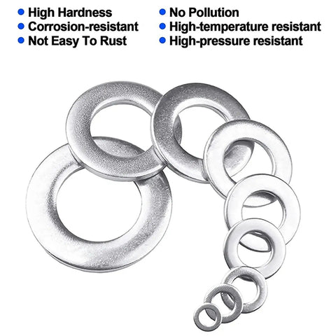 Premium Grade 304 Stainless Steel Spring And Flat Washer Assortment Kit With 580 Pieces For Metric Bolts And Screws M2 Through M12 In A Slick Partitioned Caddy Built Tough For No Sweat Weekend Builds, showing various washer sizes.