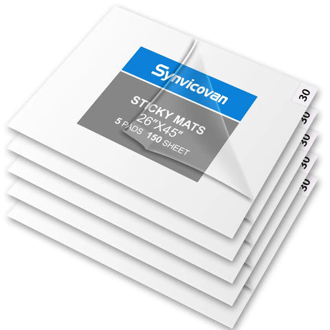 Heavy Duty Sticky Floor Mats For Entryway Dust And Dirt Trap Runner Rolls 26 By 45 Inch 5 Pack With 150 Easy Peel Sheets shown stacked.