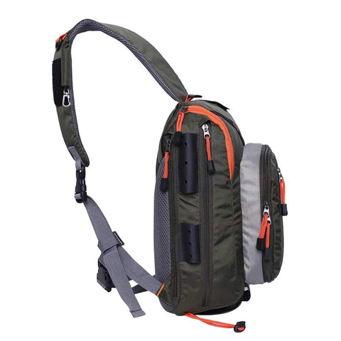 Side view of Army Green Fly Fishing Sling Pack For Quick Access Tackle Storage Shoulder Bag With Adjustable Padded Straps