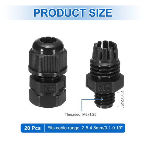 20 Pcs M8x1.25 Cable Glands Adjustable 2.5-4.8mm PA6 Nylon IP68 Waterproof Seals shown from front and side view