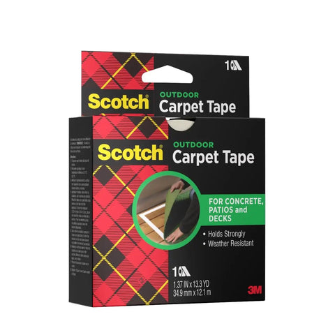 Box of Scotch Outdoor Carpet Tape for concrete, patios, and decks. Size 1.37 inches by 13.3 yards, weather resistant.