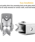 Front and side view of V Groove Wheel Set Stainless Steel Heavy Duty Wire Rope Pulley Block Sliding Gate Rollers with mounting holes.
