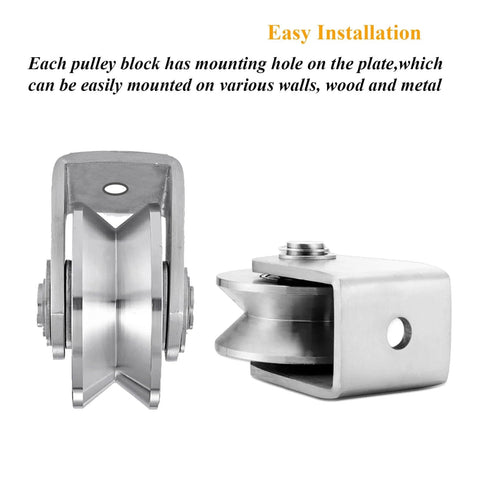 Front and side view of V Groove Wheel Set Stainless Steel Heavy Duty Wire Rope Pulley Block Sliding Gate Rollers with mounting holes.