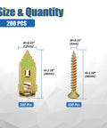Self Drilling Drywall Anchors With Screws Kit 200 Pcs Heavy Duty Metal Expansion Anchors For Sheetrock No Drill Needed 80 Lb Rating 2026 Upgraded Anti Strip Design Diamond Tip Easy Fast Install, showing anchor and screw dimensions.