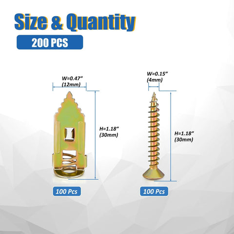 Self Drilling Drywall Anchors With Screws Kit 200 Pcs Heavy Duty Metal Expansion Anchors For Sheetrock No Drill Needed 80 Lb Rating 2026 Upgraded Anti Strip Design Diamond Tip Easy Fast Install, showing anchor and screw dimensions.