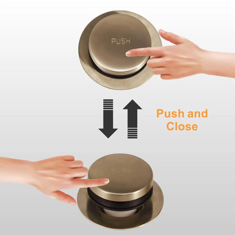 Gold Brushed Brass Tub Drain Conversion Kit With Two Hole Overflow Faceplate showing push and close operation with hand demonstration