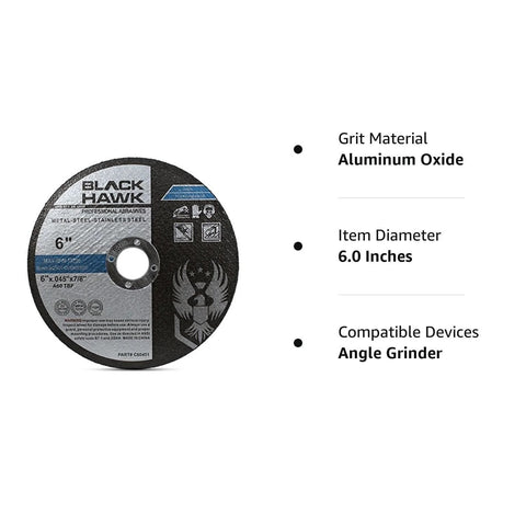 Black Hawk 6-inch aluminum oxide metal cut-off wheel for angle grinders, 0.045 in thick, 7/8 in arbor, 25-pack