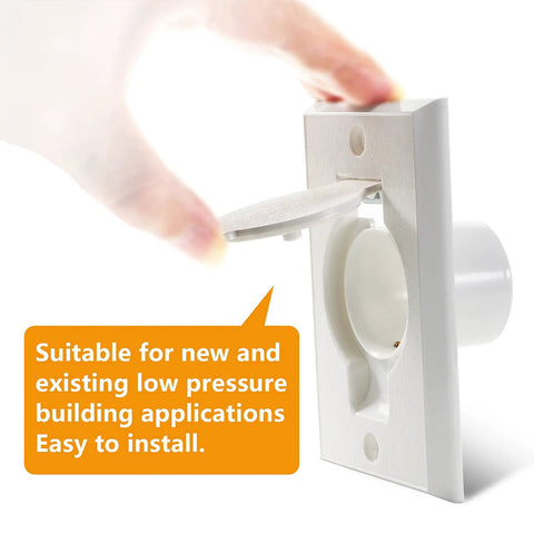 White central vacuum wall plate inlet valve cover with round door, front view, 2-pack.