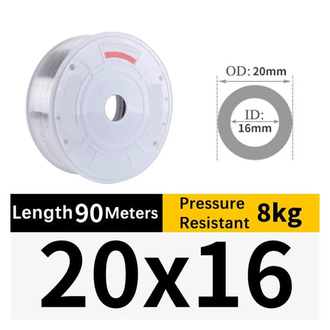 Heavy Duty Transparent Polyurethane Air Hose Quick Release Pneumatic Tubing For Compressor Tools 20X16mm on a spool showing length and pressure specs.
