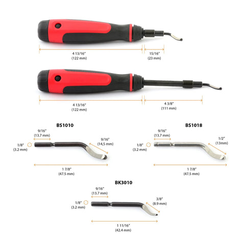 Extendable-neck deburring tool with red/black handle and three replaceable swivel blades for metal, plastic, PVC.