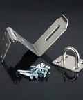 90 Degree Barn Door Bolt Stainless Steel Hook Latch Right Angle Lock Gate with screws and hinge on black surface.