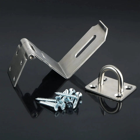 90 Degree Barn Door Bolt Stainless Steel Hook Latch Right Angle Lock Gate with screws and hinge on black surface.