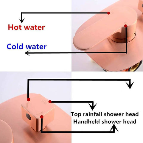 UMJIGF Shower System, Bathroom Brass 10-12 Inch Ceiling Mount Rainfall Shower Faucet System with 6 Pcs Body Sprays Jets Mixer Set, Brushed Rose Gold luxury controls for hot and cold water.