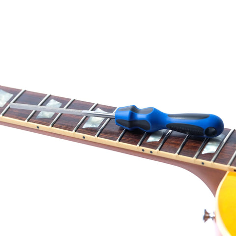 MusicNomad MN830 diamond-coated fret end dressing file with blue handle on guitar fretboard, front view