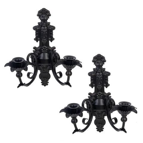 Premium Black And Gold Metal Candle Sconces Set Of Two, Gothic Wall Decor For Living Room, Rustic Iron Candle Holders, Dark Academia Vibes, Dope Home Accent Pieces That Slap, ornate black iron wall sconces with candle holders.