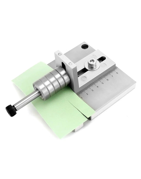 Front view of Beefy Leather Strap Cutter With 7075 Aluminum Alloy Plate, Rugged Belt Cutting Machine, shown cutting leather