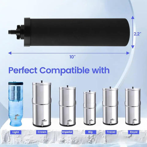 Cartridge Water Filter Replacement For Gravity Systems BERKEY Compatible Purifier Elements Coconut Shell Activated Carbon Removes Chlorine Odor Sediment Makes Water Taste Way Better Easy Install 2 Pack displayed with compatible gravity systems