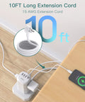 Ultimate 12 Outlet Surge Protector Power Strip Tower with 10 ft Cord and USB ports in use, showing coiled extension cord