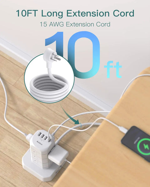 Ultimate 12 Outlet Surge Protector Power Strip Tower with 10 ft Cord and USB ports in use, showing coiled extension cord