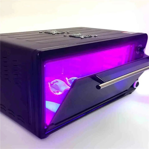 Premium Cold Light UV Curing Box For DLP LCD SLA 3D Printers showcasing a sealed enclosure with purple LED light.