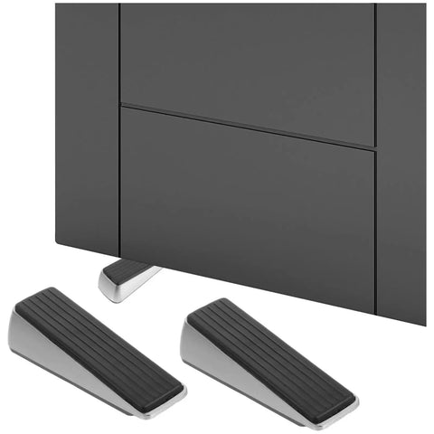 Heavy Duty Door Stop Wedge Stopper 2-Pack in zinc alloy and rubber shown in use preventing door slamming